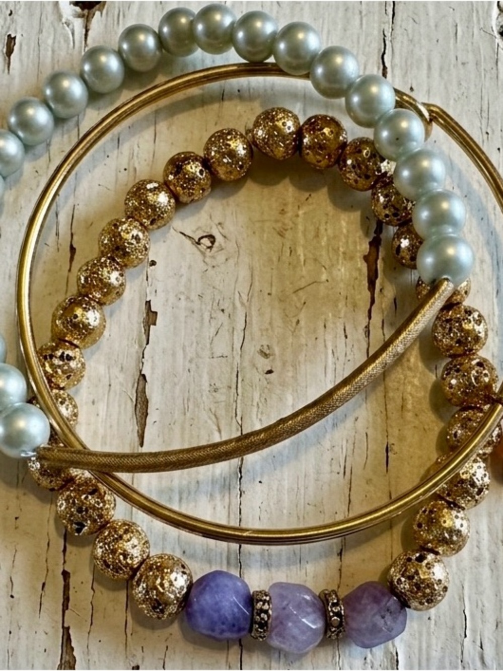 Gold and Light Green Beaded Women's Bracelet Set with Purple Quartz